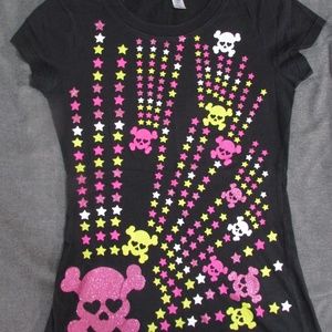 Junior's Skulls & Stars Glitter T-Shirt Size Small